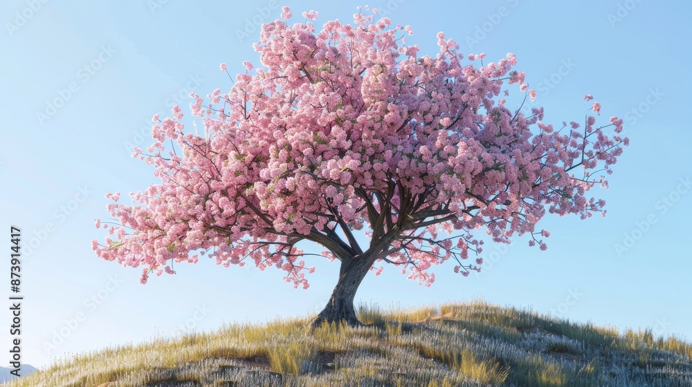 A cherry tree in bloom under a clear blue sky on a hill A cherry tree in bloom under a clear blue sky on a hill
