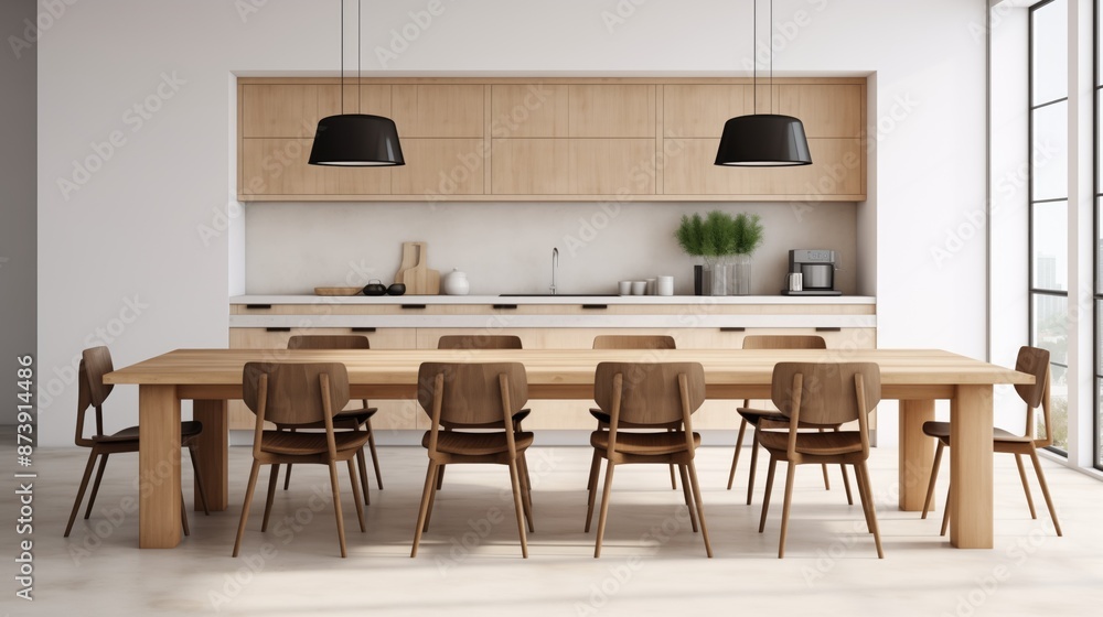 large kitchen room with modern interior design with wood table and chairs large kitchen room with modern interior design with wood table and chairs