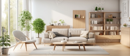 Modern scandinavian living room with design furniture and big glasses