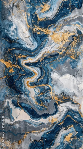 A captivating abstract painting features swirling blue, white, and gold marbled patterns with metallic accents, creating a vivid and textured visual effect.