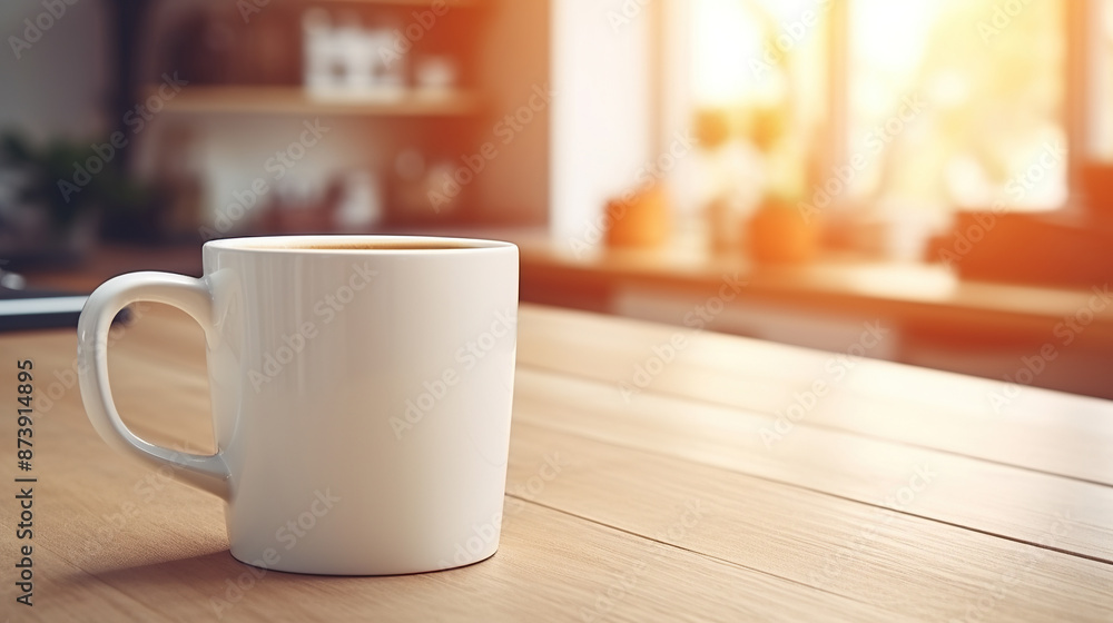 White Mug MockUps Coffee Cup on dinning table in kitchen in morning White Mug MockUps Coffee Cup on dinning table in kitchen in morning