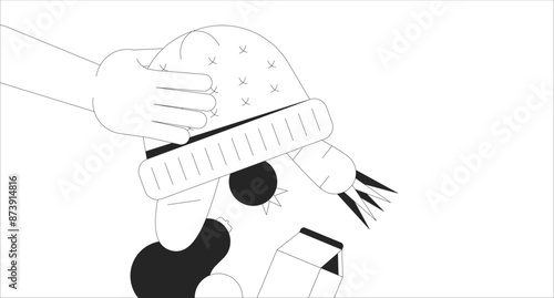 Person pouring food products out of hat black and white 2D illustration concept. Carrying grocery goods in clothes outline cartoon scene background. Shopping metaphor metaphor monochrome vector art