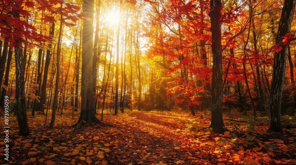 Obraz premium Vibrant Autumn Maple Forest Landscape with Golden Sunlight and Foliage