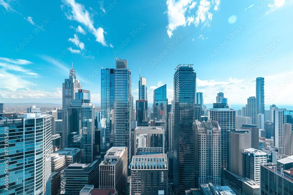 Obraz premium Skyline of Urban Financial District Under Blue Skies