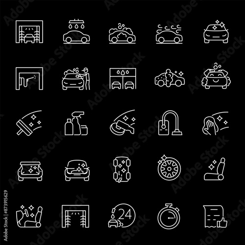 Car wash, white line icons. Automatic and self-service car washes. Essential for automotive and maintenance themes. Symbols on black background. Editable stroke.