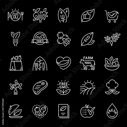 Eco food, white line icons. Organic and natural food products. Essential for health and wellness themes. Symbols on black background. Editable stroke.