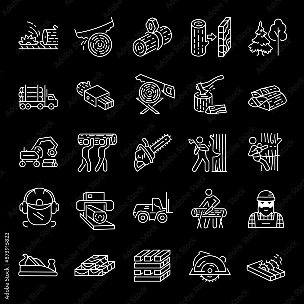 Logging and sawmills, white line icons. Lumber production and forestry activities. industrial and environmental themes. Symbols on black background. Editable stroke. Logging and sawmills, white line icons. Lumber production and forestry activities. industrial and environmental themes. Symbols on black background. Editable stroke.