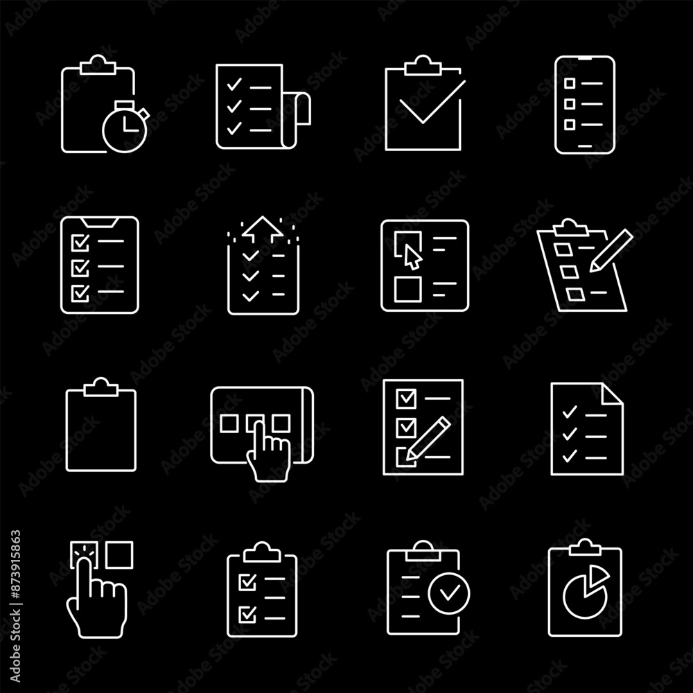 Checklists, white line icons. Testing, polling, and to-do lists. Essential for productivity and organizational themes. Symbols on black background. Editable stroke. Checklists, white line icons. Testing, polling, and to-do lists. Essential for productivity and organizational themes. Symbols on black background. Editable stroke.