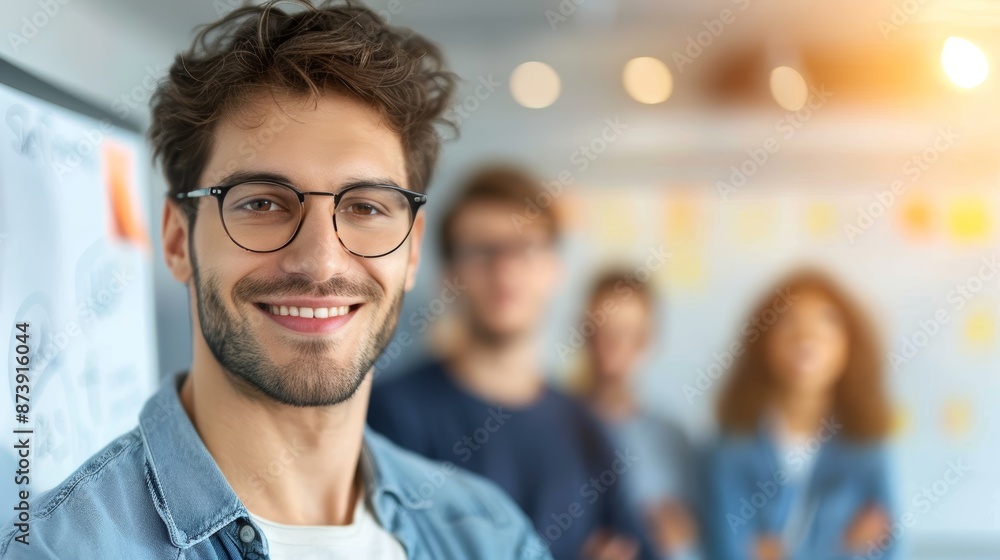 A smiling man in glasses stands in front of a team, looking confident and successful. A smiling man in glasses stands in front of a team, looking confident and successful.