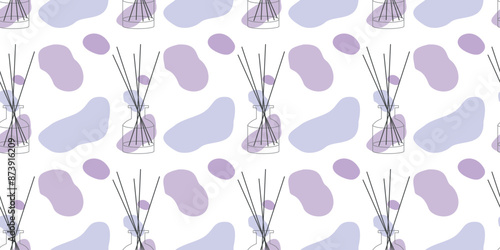 Home fragrances Seamless pattern, Glass bottles with aroma Bamboo sticks, Loop background with perfumes for home, flat linear design Diffusers isolated on white. Aromatherapy concept illustration