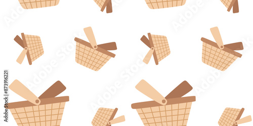 Wicker basket Vector Seamless pattern, hand drawn square Empty Picnic Box isolated on white background. Flat Cartoon Illustration for Poster Template, Card, Placard, Textile, Wrapping, Loop element