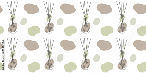Aroma diffuser seamless pattern, cartoon flat vector illustration with Abstract color Shapes. Linear Aromatherapy, meditation and home fragrance concept, glass bottle with essential oil, bamboo sticks