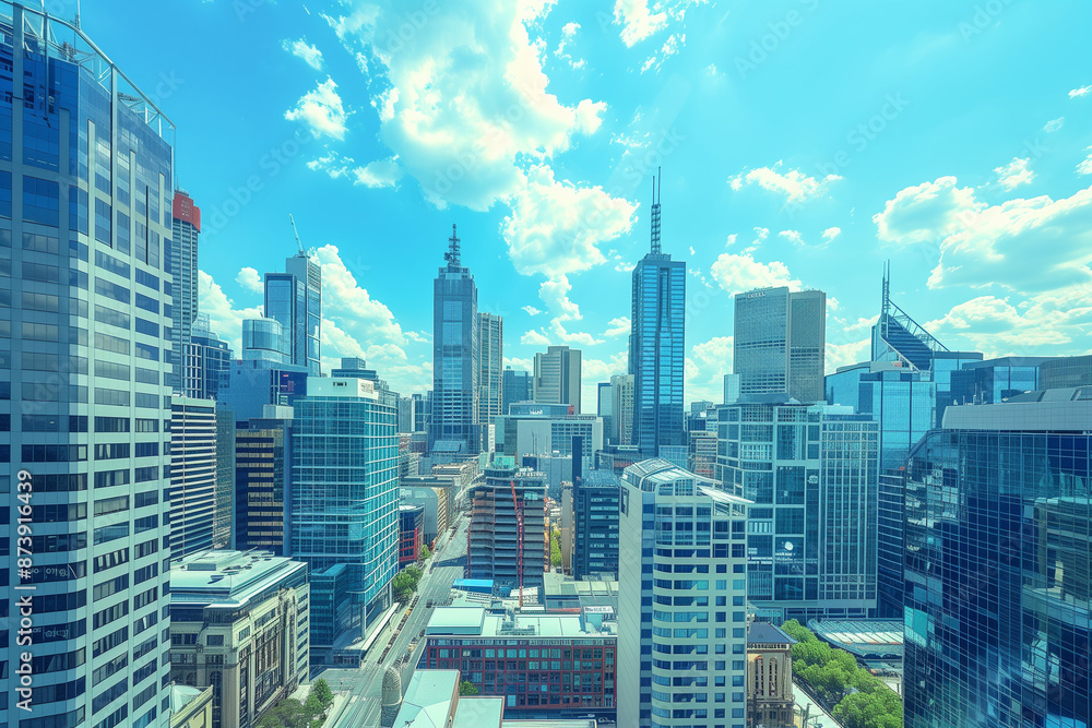 Obraz premium Skyline of Urban Financial District Under Blue Skies