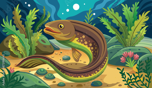 Yellow margin moray eel swimming with open mouth on seabed