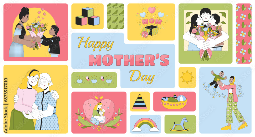Happy mother day bento grid illustration set. Good warm moment 2D vector image collage design graphics collection. Gratitude gift. Multinational mom kids and flowers flat characters moodboard layout Happy mother day bento grid illustration set. Good warm moment 2D vector image collage design graphics collection. Gratitude gift. Multinational mom kids and flowers flat characters moodboard layout