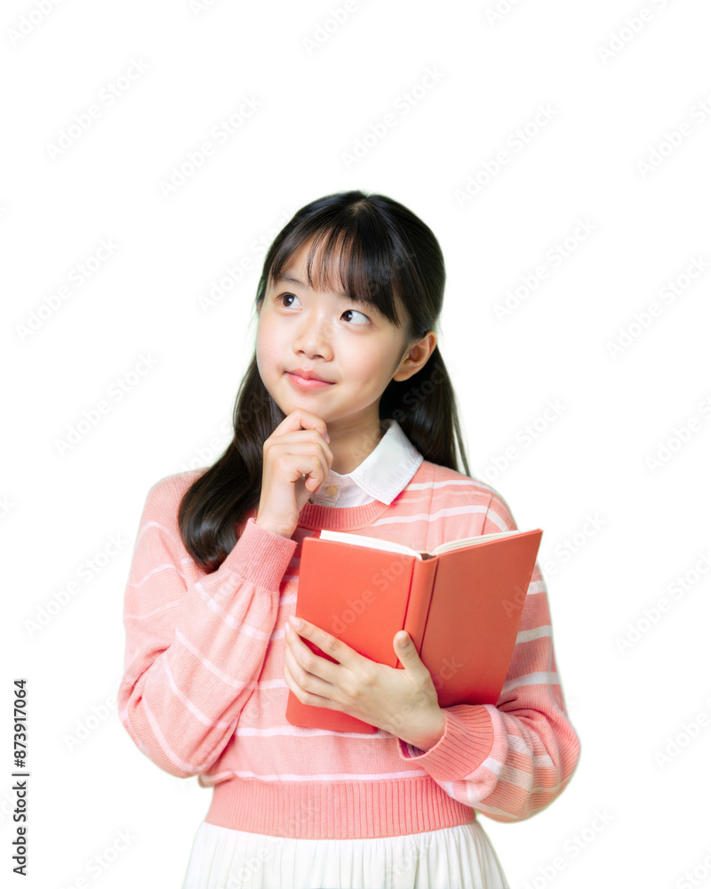 Portrait of lovely Asian girl thinking and put a book on top isolated on transparent background, PNG file format. Portrait of lovely Asian girl thinking and put a book on top isolated on transparent background, PNG file format.