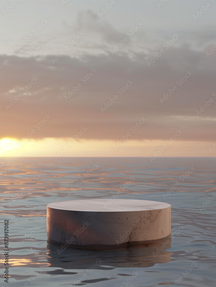 White pedestal in water, concrete, sky background at dusk, light beige and amber style, realistic composition, deconstructed minimalism, light beige and beige, luxurious texture, lightened edges White pedestal in water, concrete, sky background at dusk, light beige and amber style, realistic composition, deconstructed minimalism, light beige and beige, luxurious texture, lightened edges