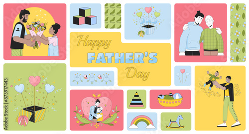 Happy father day bento grid illustration set. Fatherhood childhood 2D vector image collage design graphics collection. Third Sunday June. Diverse daughter dad son flat characters moodboard layout