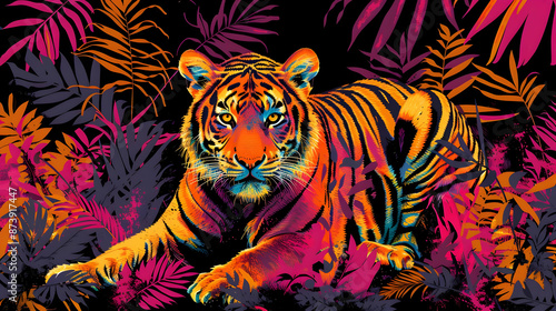 Neon Tiger Illustration with Tropical Leaves