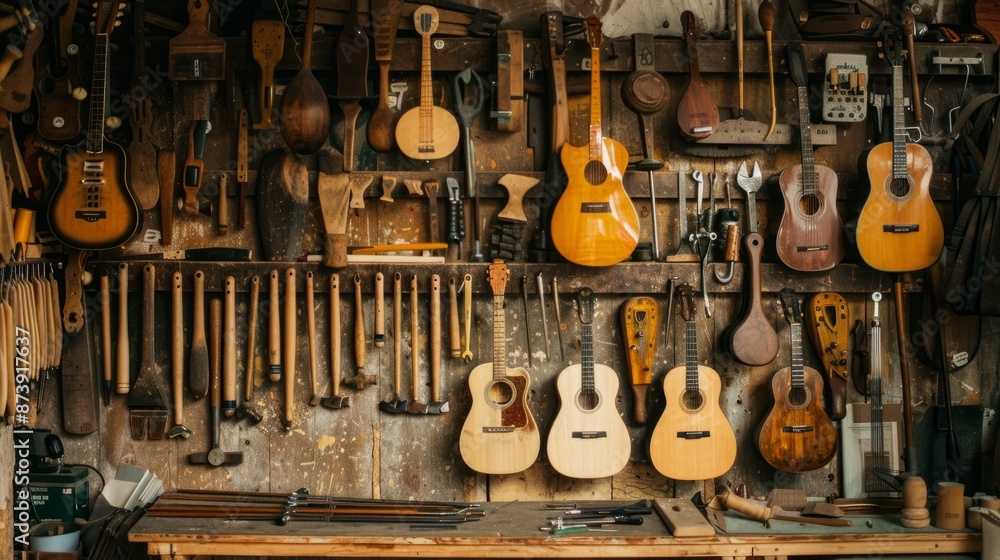 Naklejka premium Luthier tools hanging on wall, workshop of a master craftsman with guitar making equipment and precision instruments, concept of craftsmanship and musical instrument repair, close-up of string instrum