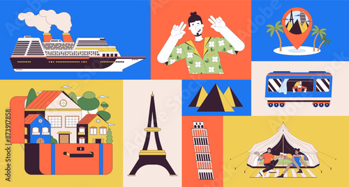 Tourists attraction travelers bento grid illustration set. Railway sea trip 2D vector image collage design graphics collection. Diverse people traveling outdoors flat characters moodboard layout