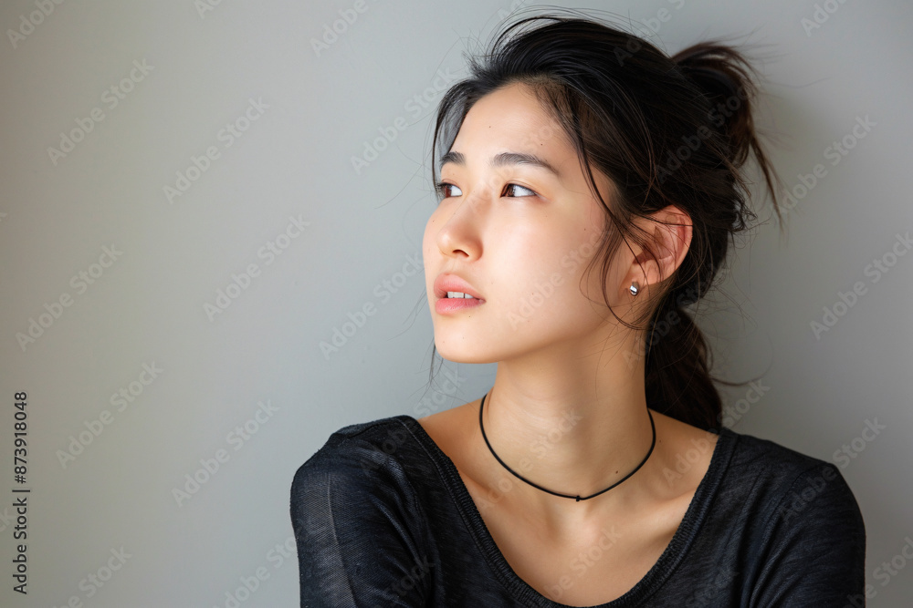 Portrait of a young Asian woman looking sideways in front of a grey wall Portrait of a young Asian woman looking sideways in front of a grey wall