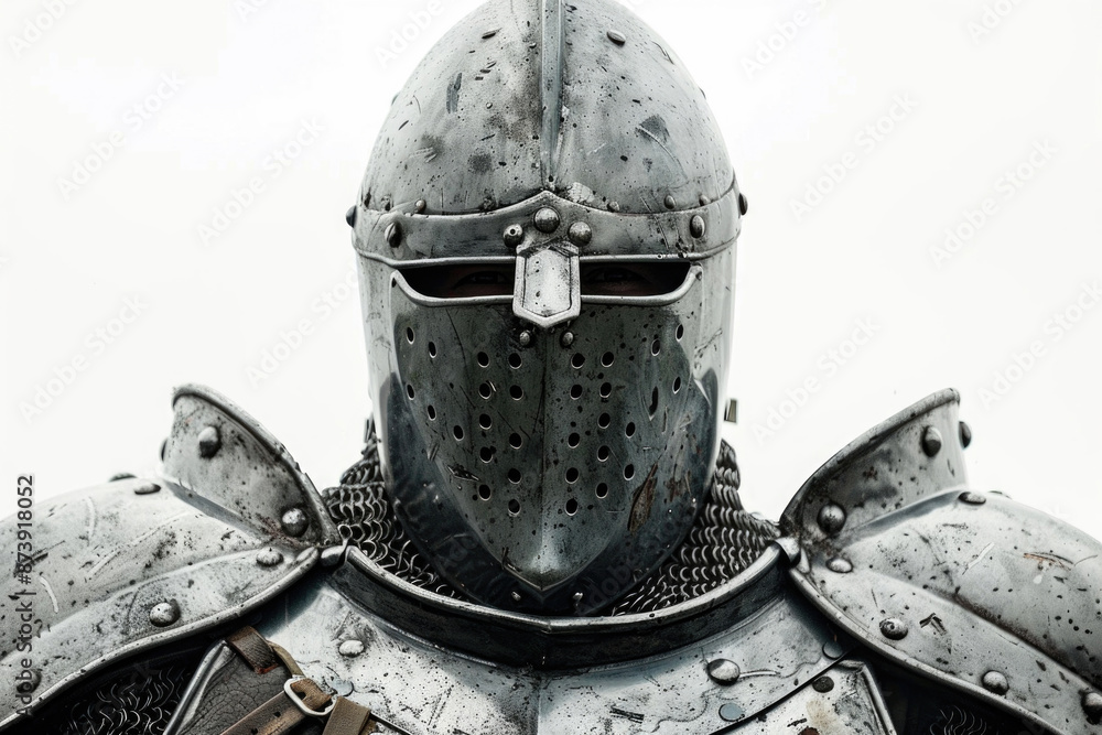 Fototapeta premium Knight with piercing eyes and polished armor, isolated on white