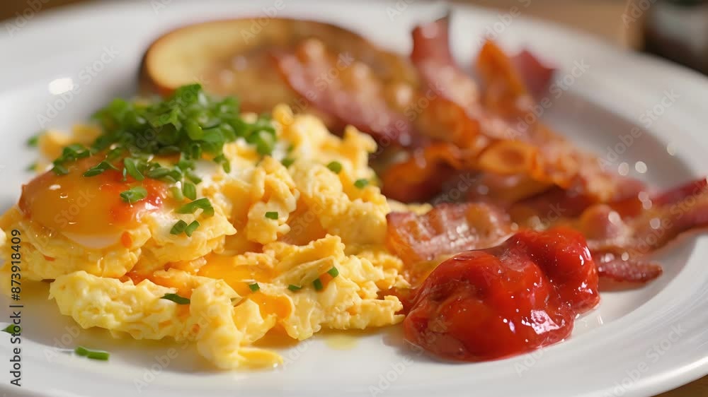 Fluffy scrambled eggs served with a side of crispy bacon and a dollop of tangy hot sauce a hearty and satisfying beachside breakfast. Fluffy scrambled eggs served with a side of crispy bacon and a dollop of tangy hot sauce a hearty and satisfying beachside breakfast.
