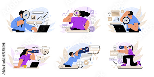 Computer digital search. Business people with binoculars and magnifier. Job research. Man working at laptop. Online information. Web technology. SEO system. Woman finding data. Vector concepts set