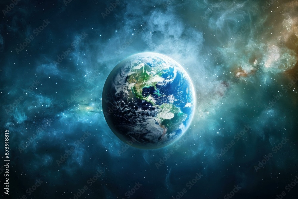 Obraz premium Our planet earth, set against a stunning nebula, highlights the beauty and isolation of our world in the universe