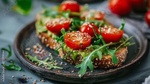 Whole grain avocado toast topped with cherry tomatoes, arugula, and a sprinkle of hemp seeds.