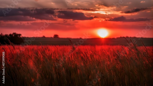 Silver grass field with a red sunset, Generative AI