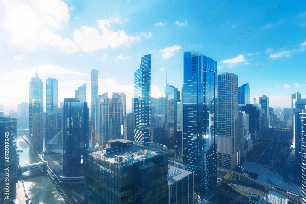 Fototapeta premium Drone View of City Office Buildings Beneath Blue Skies and White Clouds