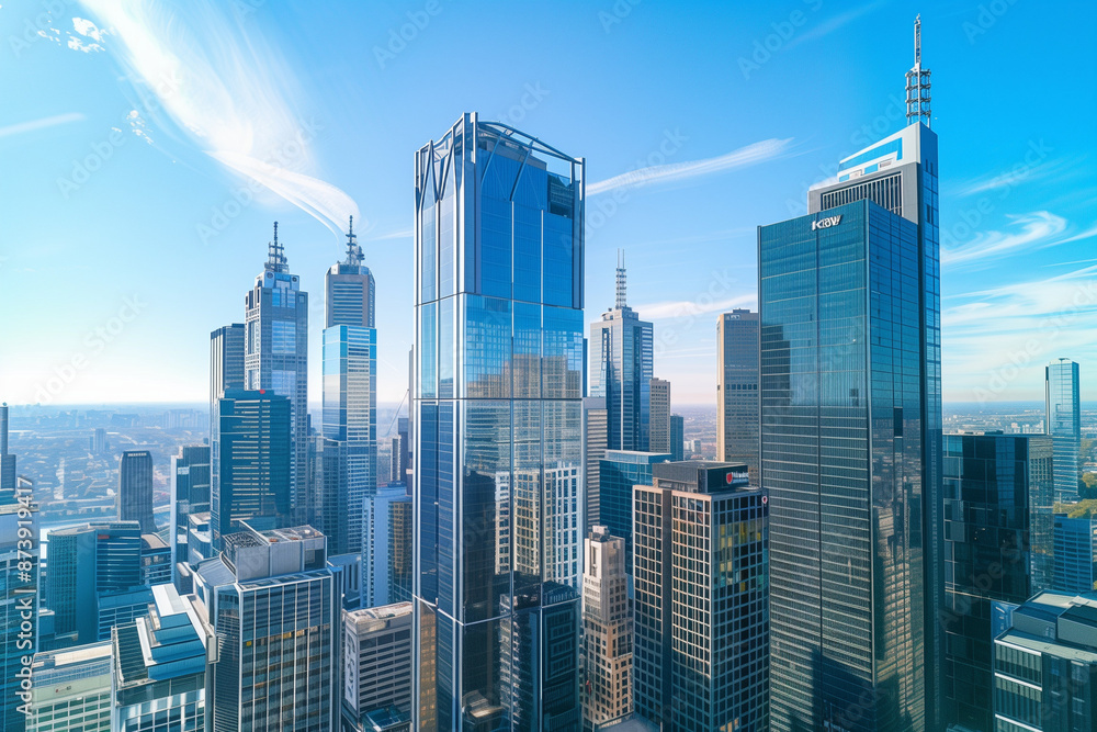 Obraz premium Drone View of City Office Buildings Beneath Blue Skies and White Clouds
