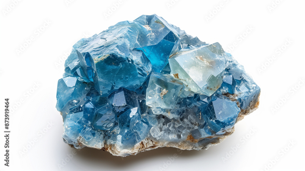 A sample of apatite is visible on a white background, the smoothed surface of which reveals the richness of blue tones. A sample of apatite is visible on a white background, the smoothed surface of which reveals the richness of blue tones.