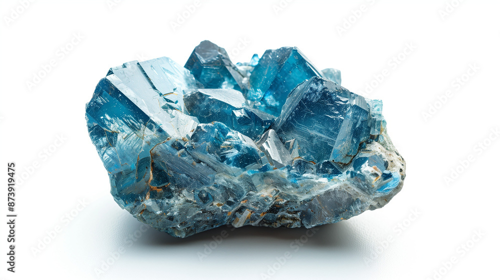 A sample of apatite is visible on a white background, the smoothed surface of which reveals the richness of blue tones. A sample of apatite is visible on a white background, the smoothed surface of which reveals the richness of blue tones.