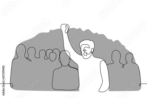 man against the background of the crowd stands shouting with his fist raised in the air, protest leader - one line art vector. concept protest, leadership, revolution