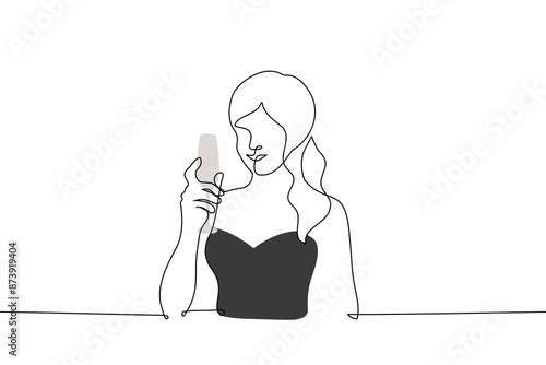 woman in black bustier dress smiling holding glass of champagne - one line art vector. concept lady drinking or offering a drink