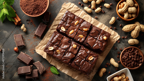 Seen from above, chocolate brownies with nuts look like the perfect combination of sweet and crunchy.