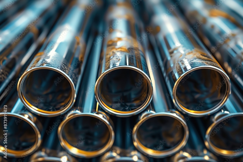 Naklejka premium Stack of stainless steel pipes. Ai generative