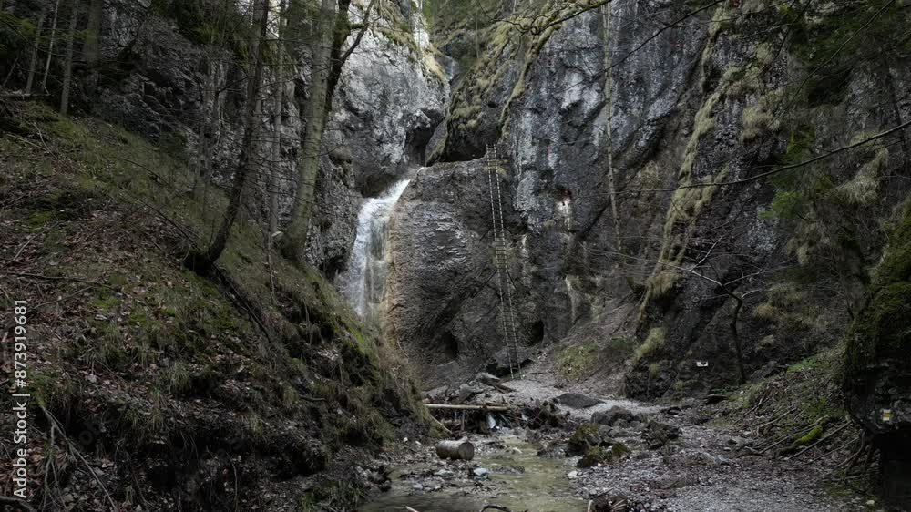 Gorgeous nature of Slovakia, waterfall on a tall rocky cliff, drone view, 4k Gorgeous nature of Slovakia, waterfall on a tall rocky cliff, drone view, 4k