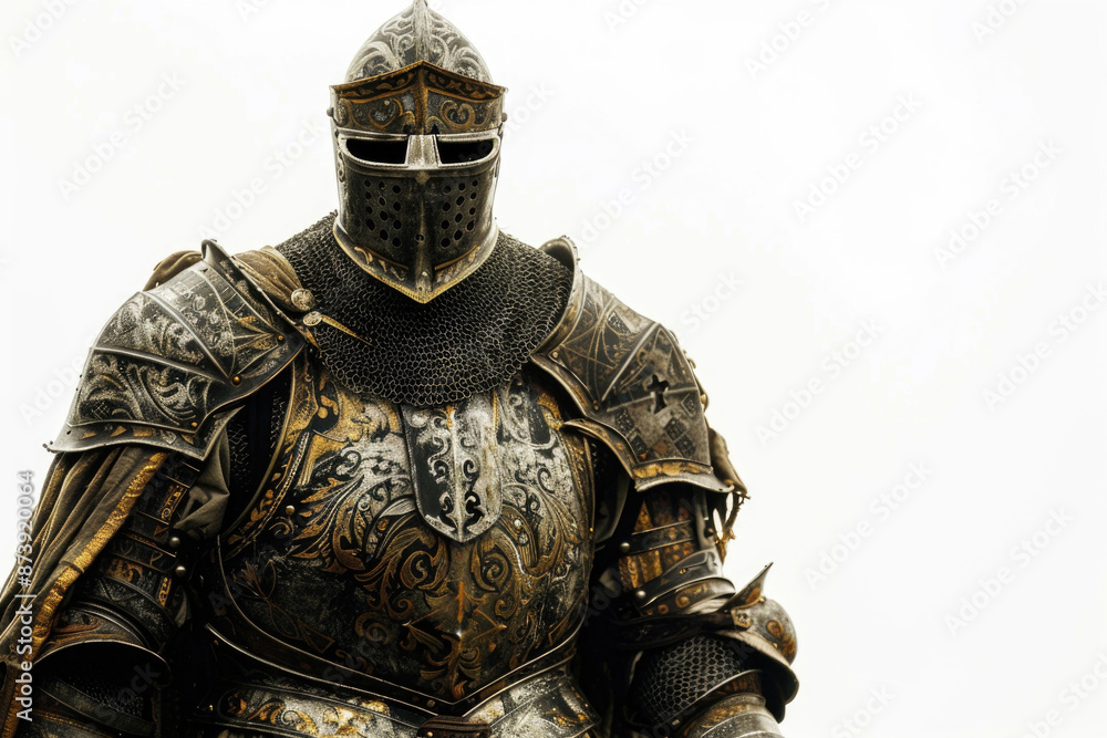 Regal knight in ornate armor, exuding authority on a white backdrop Regal knight in ornate armor, exuding authority on a white backdrop