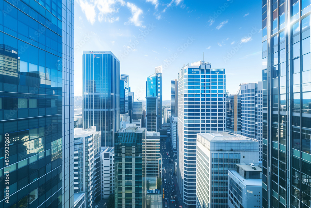 Obraz premium Drone View of City Office Buildings Beneath Blue Skies and White Clouds