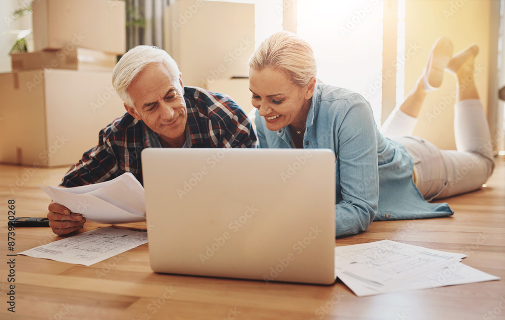 Moving in, laptop and blueprint with couple for home renovation, project and interior design. Discussion, property development and paperwork of mature people together with tech for house update plan Moving in, laptop and blueprint with couple for home renovation, project and interior design. Discussion, property development and paperwork of mature people together with tech for house update plan