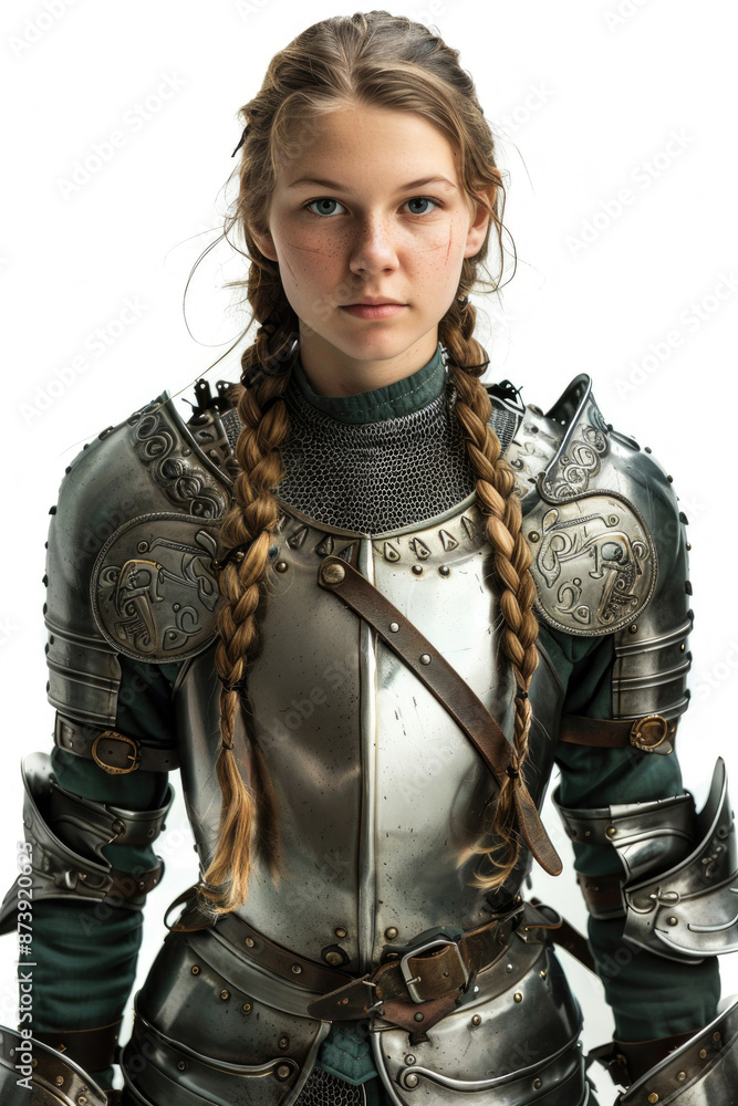 Fototapeta premium Portrait of a noble young lady warrior in medieval armor, isolated on white
