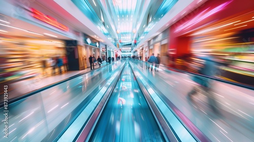 Motion blur background of busy shopping centre with shoppers and retail stores, capturing dynamic movement and vibrant commercial atmosphere, ideal for business, marketing, and retail industry concept