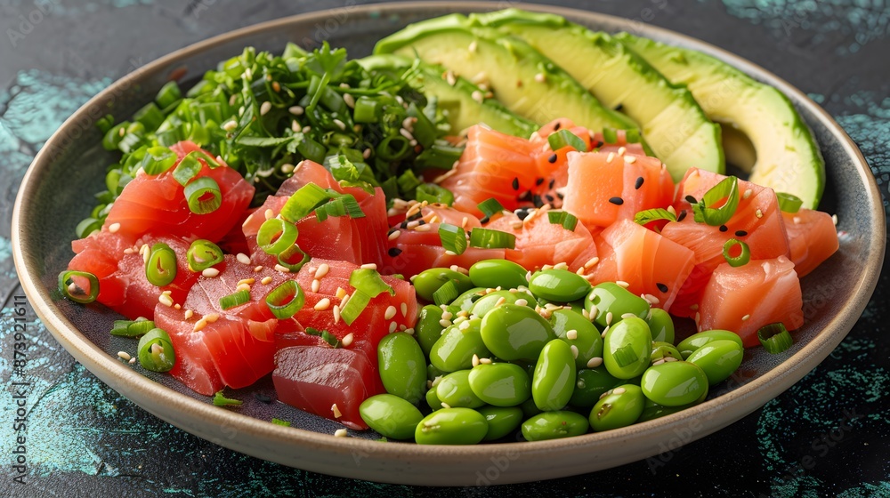 Hawaiian Poke Bowl with Salmon, Tuna, Avocado and Edamame Hawaiian Poke Bowl with Salmon, Tuna, Avocado and Edamame