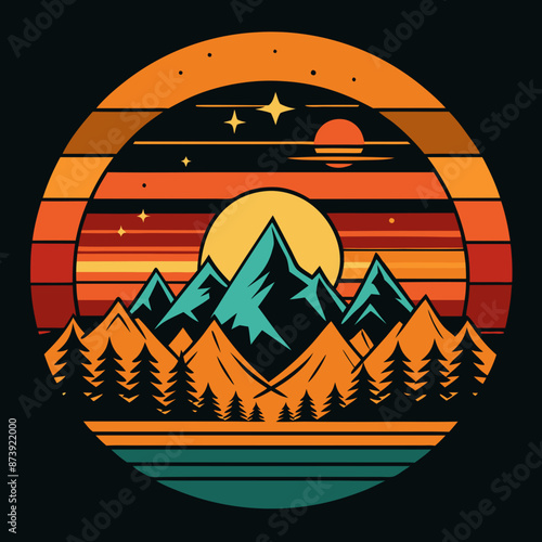 A mountain landscape with a mountain and trees, adventure vector graphic t-shirt design