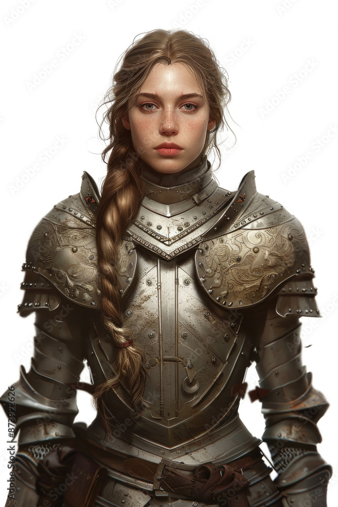 Young medieval knightess with a determined look, in detailed armor on white background Young medieval knightess with a determined look, in detailed armor on white background