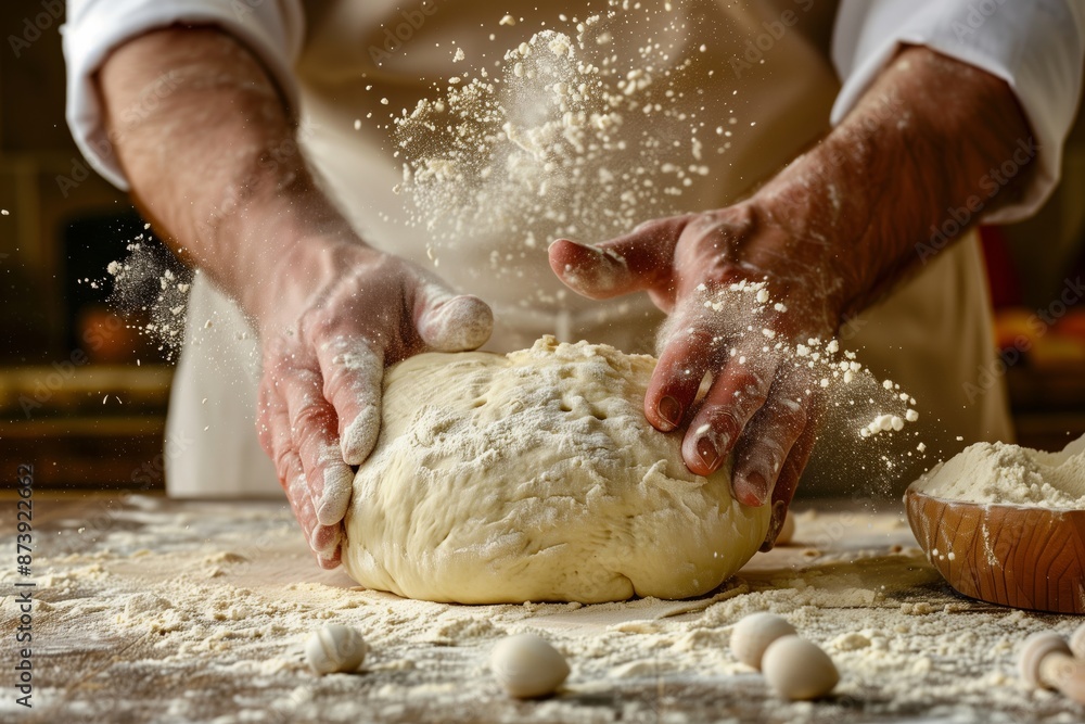 Hands holding fresh dough on a wooden surface with flour Hands holding fresh dough on a wooden surface with flour